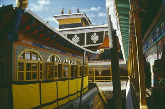 TIBET, Lhasa, The Potala Palace. Exterior view of colourful walls windows and roofs.