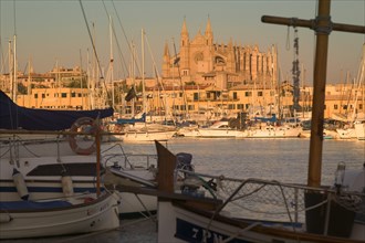 SPAIN, Balearic Islands, Mallorca, "Palma de Mallorca, View of The Cathedral across the port."