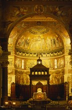 ITALY, Lazio, Rome, Trastevere.  Santa Maria in Trastevere interior with altarpiece and mosaic.