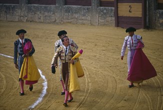 SPAIN, Andalucia, Malaga, Ronda.  Matadors acknowledging crowds in the Plaza de Toros bullring.