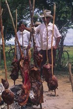 COLOMBIA, Casanare, "Carne a la llanera, A group of men with cooked meat on sticks."