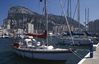 GIBRALTAR, Transport, View of Gibraltar from the marina with moored yachts in foreground.