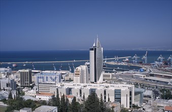 ISRAEL, Haifa, Elevated view of downtown area with modern tall buildings including a fish shaped