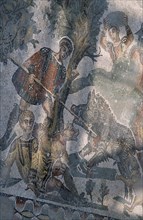 ITALY, Sicily, Enna, Piazza Armerina. Villa Romana del Casale. Detail of Roman Mosaic depicting