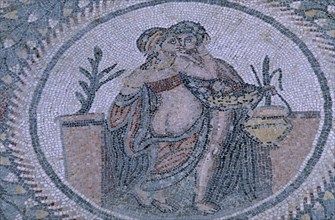 ITALY, Sicily, Enna, Piazza Armerina. Villa Romana del Casale. Detail of  a Roman Mosaic with a