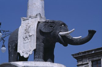 ITALY, Sicily, Catania, Piazza Duomo. The Elephant lava stone statue which is a symbol of the city