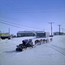 CANADA, Nunavut, Baffin Island, Inuit dog sled in snow.