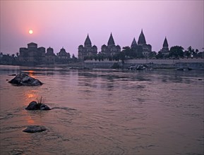 INDIA , Madhya Pradesh, Orchha, The domes and spires of the chhatris memorials to Bundelkhand's