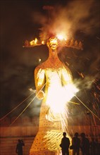INDIA, Rajasthan, Udaipur, Dussehra festival effigy of Ravana set aflame. Dussehra is one of the