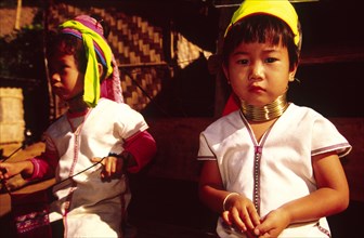 THAILAND, North, Mae Hong Son, "Nai Soi Long neck Karen children. Originally from Myanmar, the Long