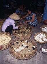 VIETNAM, Mekong Delta, "Female vendor selling eggs, chicks and ducklings in market with customer