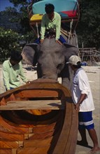 THAILAND, Krabi Province, Elephant launching newly built longtail boat.