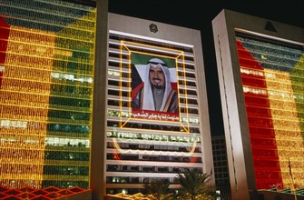 KUWAIT, Illuminated Buildings, Portrait of the former Amir HH Sheikh Sabah Al-Ahmad Al-Jaber