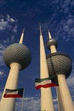 KUWAIT, Kuwait City, Kuwait Towers and National flags.