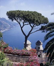 ITALY, Campania, Ravello, "Villa Rufolo, view from gardens over bay towards Maiori, Salerno with