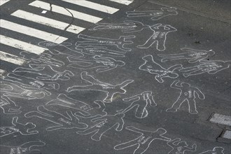 VENEZUELA, Caracas, Chalk outlines with the names of participants in an event on Avenida Francisco