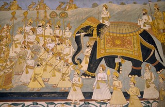 INDIA, Rajasthan, Jodhpur, Detail of painting depicting the use of elephants in battle in