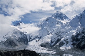 NEPAL, Khumbu Region, Mount Everest, Southwest face of Mount Everest and Khumbu icefall and glacier