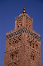 MOROCCO, Marrakech, Koutoubia Mosque.  Part view of minaret. Marrakesh Moslem