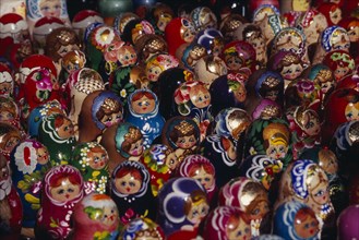 HUNGARY, Budapest, Colourful  painted matryoshka dolls filling frame.  Eastern Europe Colorful