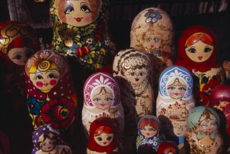 HUNGARY, Budapest, Colourful  painted matryoshka dolls filling frame.  Eastern Europe Colorful