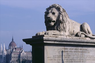 HUNGARY, Budapest, Stone statue of lion on Chain Bridge with Parliament building in distance behind