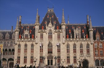 BELGIUM, West Flanders, Bruges, The Markt (Market Place). Exterior facade of old town building with
