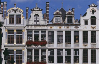 BELGIUM, Brabant, Brussels, Part view of building facades with gable rooftops and gilded decoration