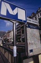 BELGIUM, Brabant, Brussels, Metro sign at subway entrance with attached poster of missing cat and