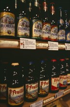 BELGIUM, Brabant, Brussels, Display of traditional Belgian beers for sale.