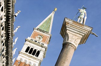 ITALY, Veneto, Venice, "The Campanile in St Mark's Square with the Column of San Teodoro, the