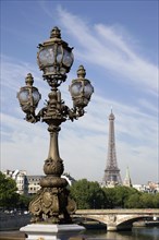 FRANCE, Ile de France, Paris, Art Nouveau lamp-post on Ponte Alexandre III bridge across the River