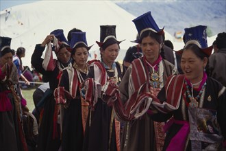 INDIA, Ladakh, People, "Women in traditional dress, turquoise jewellery and hat or gonda."