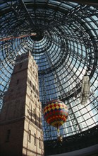AUSTRALIA, Victoria, Melbourne, "Looking up at the old Shot Tower, hot air balloon and bi-plane