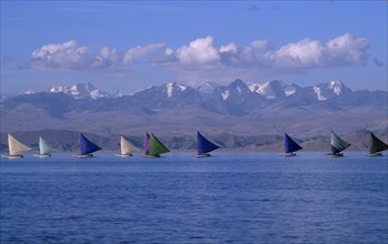 BOLIVIA, La Paz, Lake Titicaca, Isla Suriqui.  Boats with coloured sails taking part in sailing