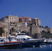FRANCE, Corsica, Calvi, View over harbour toward the Citadel.