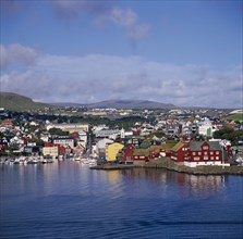 DENMARK, Faroe Islands, Torshavn, View over the harbour and old town.