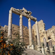 LEBANON, Baalbek, Steps leading to the Temple of Jupiter in the ruins of the former Roman city.