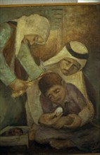 QATAR, Doha, "Painting of traditional medicine, a man treating a child’s head with a hot piece of
