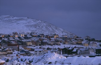 NORWAY, Honningsvag, View over the town in winter.