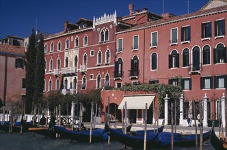 ITALY, Venezia, Venice, "Grand Canal, with gondolas moored along the canal bank."