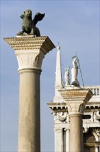 ITALY, Veneto, Venice, The winged Lion of Saint Mark on the Column San Marco with the Column of San