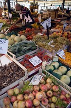 ITALY, Veneto, Venice, Fruit and vegetable stall in the Rialto market with vendor working