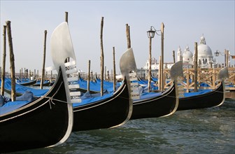 ITALY, Veneto, Venice, Ferros or bows of Gondolas moored in the Molo San Marco basin with the