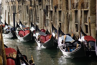 ITALY, Veneto, Venice, Gondoliers resting in their gondolas moored along the Rio San Moise canal