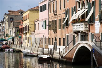ITALY, Veneto, Venice, Colourful houses along the Fondamenta de la Sensa in Cannaregio district