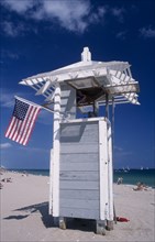 USA, Florida, Fort Lauderdale,  Lifeguard station displaying American flag