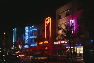 USA, Florida, Miami , South Beach. Ocean Drive hotel facades illuminated at night