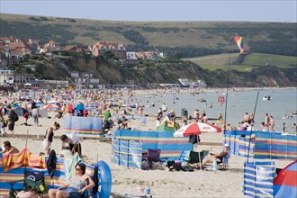 ENGLAND, Dorset, Swanage Bay, Sunbathers on busy sandy beach with colourful windbreaks and