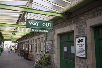 ENGLAND, Dorset, Swanage, Steam Railway Station. Traditional platform station signs indictating the